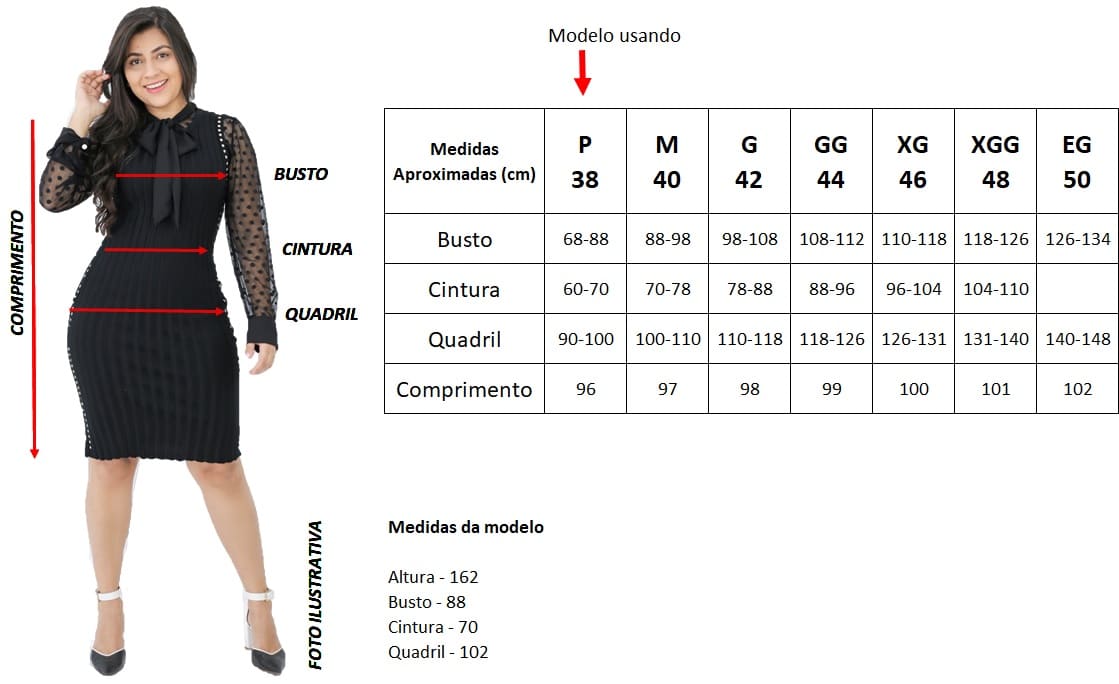 Tabela de Medidas Vestido Lastex Carla AT